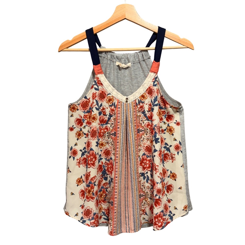Rewind Floral Crochet Tank Top S Racerback Rose Gray Boho Cottage Coquette